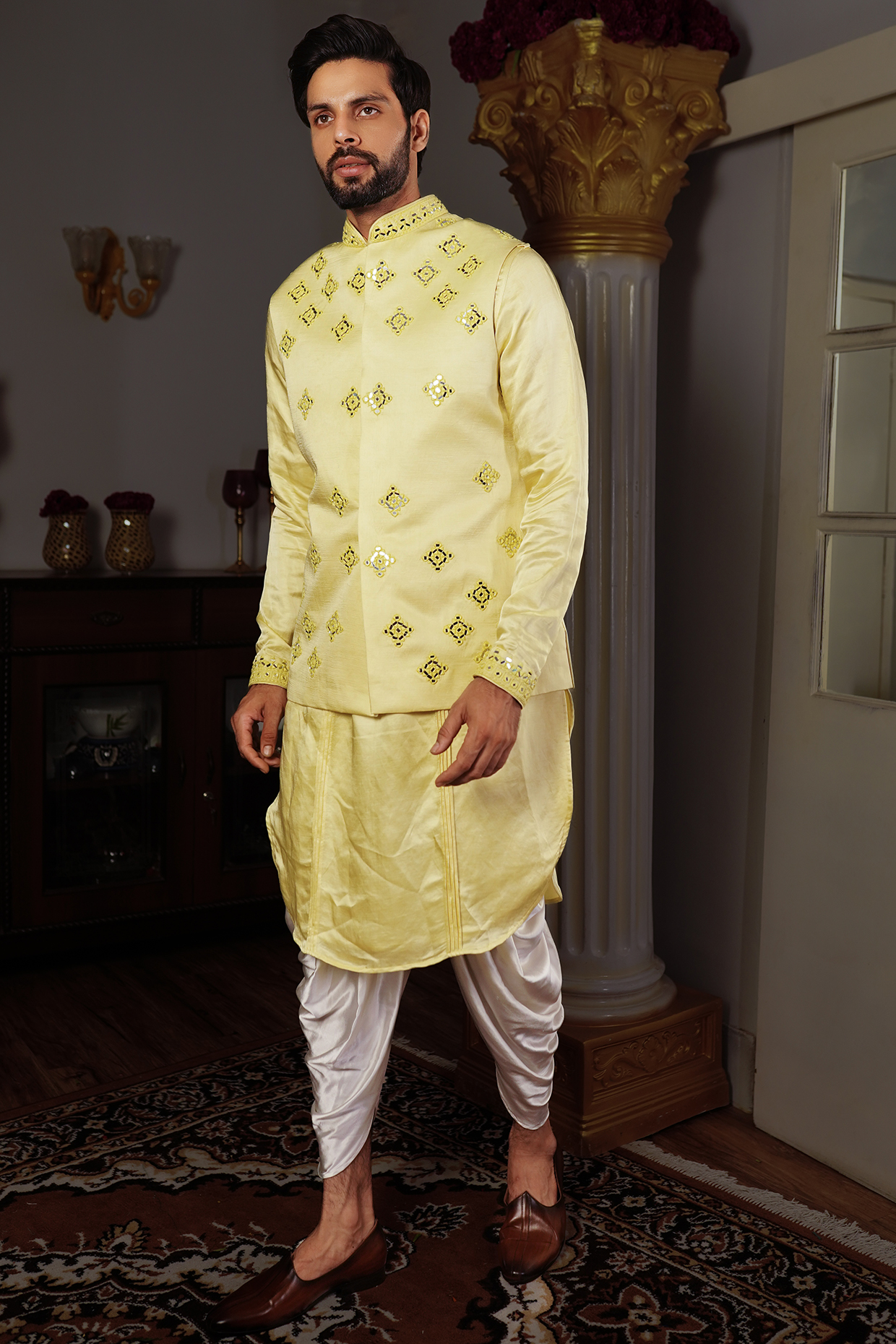 Lemon Yellow Silk Mirror Work Bundi Jacket by YAJY By Aditya Jain at Pernia's Pop Up Shop