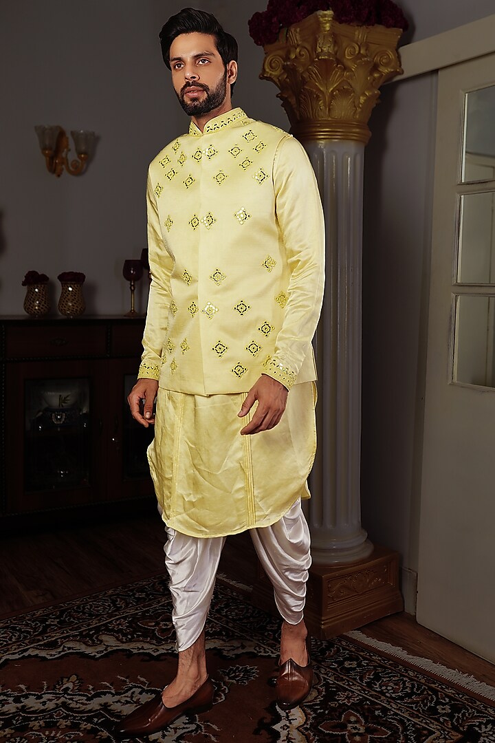 Lemon Yellow Silk Mirror Work Bundi Jacket by YAJY By Aditya Jain at Pernia's Pop Up Shop
