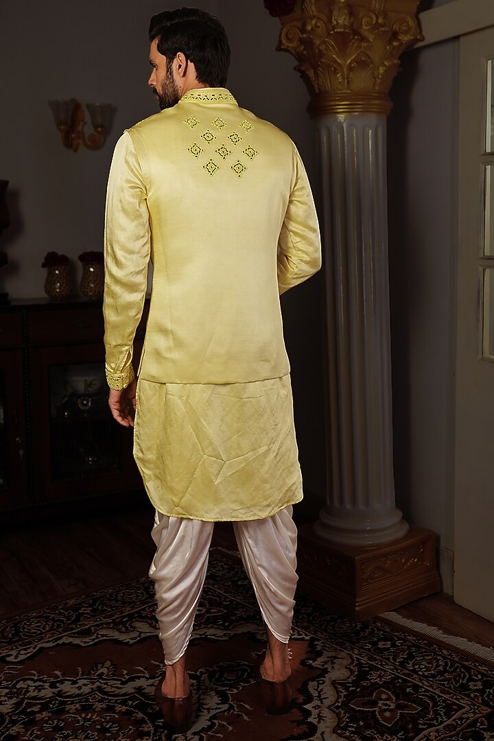 Lemon Yellow Silk Mirror Work Bundi Jacket by YAJY By Aditya Jain at Pernia's Pop Up Shop