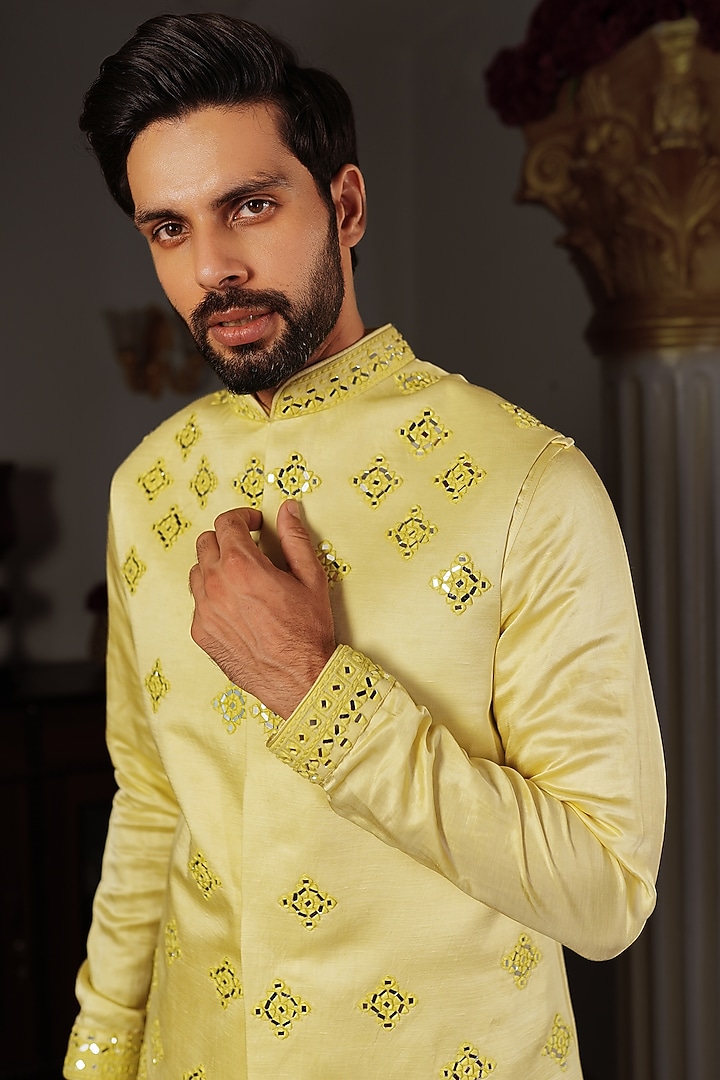 Lemon Yellow Silk Mirror Work Bundi Jacket by YAJY By Aditya Jain at Pernia's Pop Up Shop