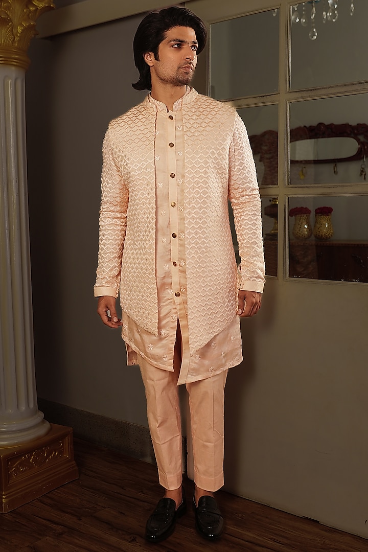 Peach Silk Kurta Set With Indo-Western Jacket by YAJY By Aditya Jain
