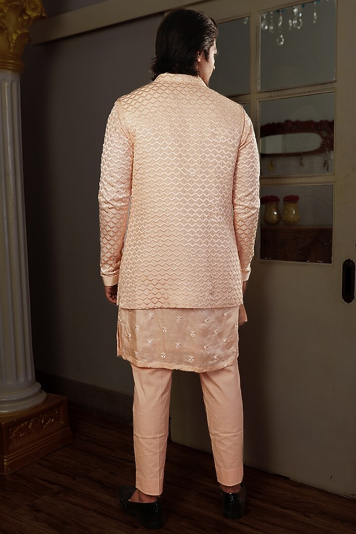 Peach Silk Thread Work Wedding Indowestern Set by YAJY By Aditya Jain at Pernia's Pop Up Shop