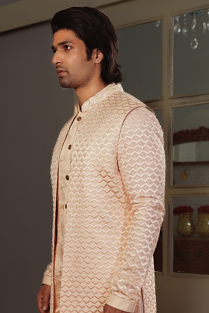 Peach Silk Thread Work Wedding Indowestern Set by YAJY By Aditya Jain at Pernia's Pop Up Shop
