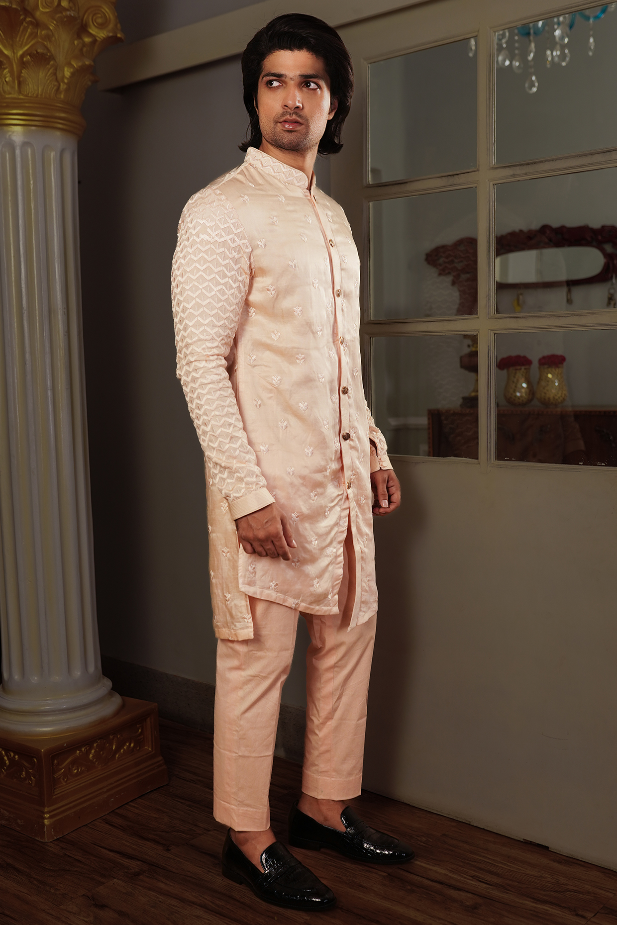 Peach Silk Thread Work Asymmetric Kurta Set by YAJY By Aditya Jain at Pernia's Pop Up Shop