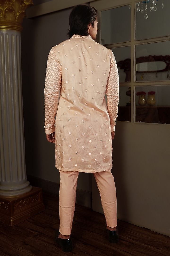 Peach Silk Thread Work Asymmetric Kurta Set by YAJY By Aditya Jain at Pernia's Pop Up Shop