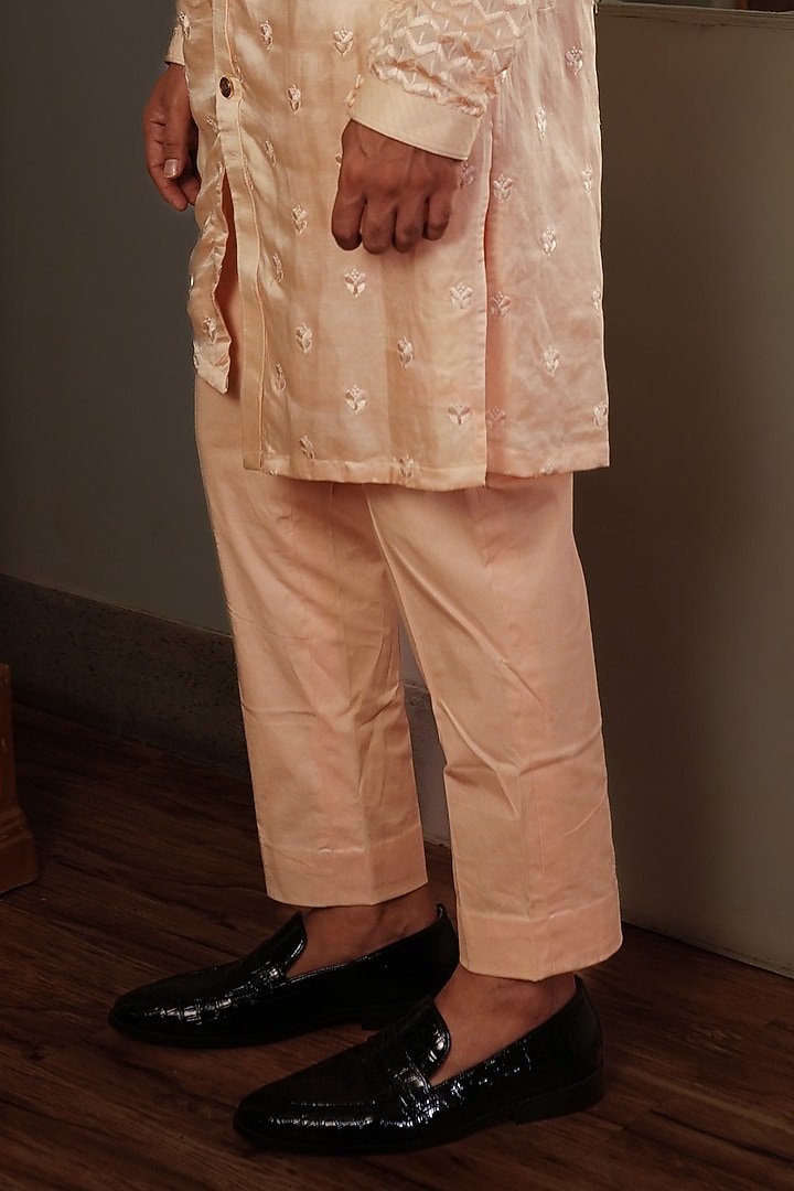Peach Silk Thread Work Asymmetric Kurta Set by YAJY By Aditya Jain at Pernia's Pop Up Shop