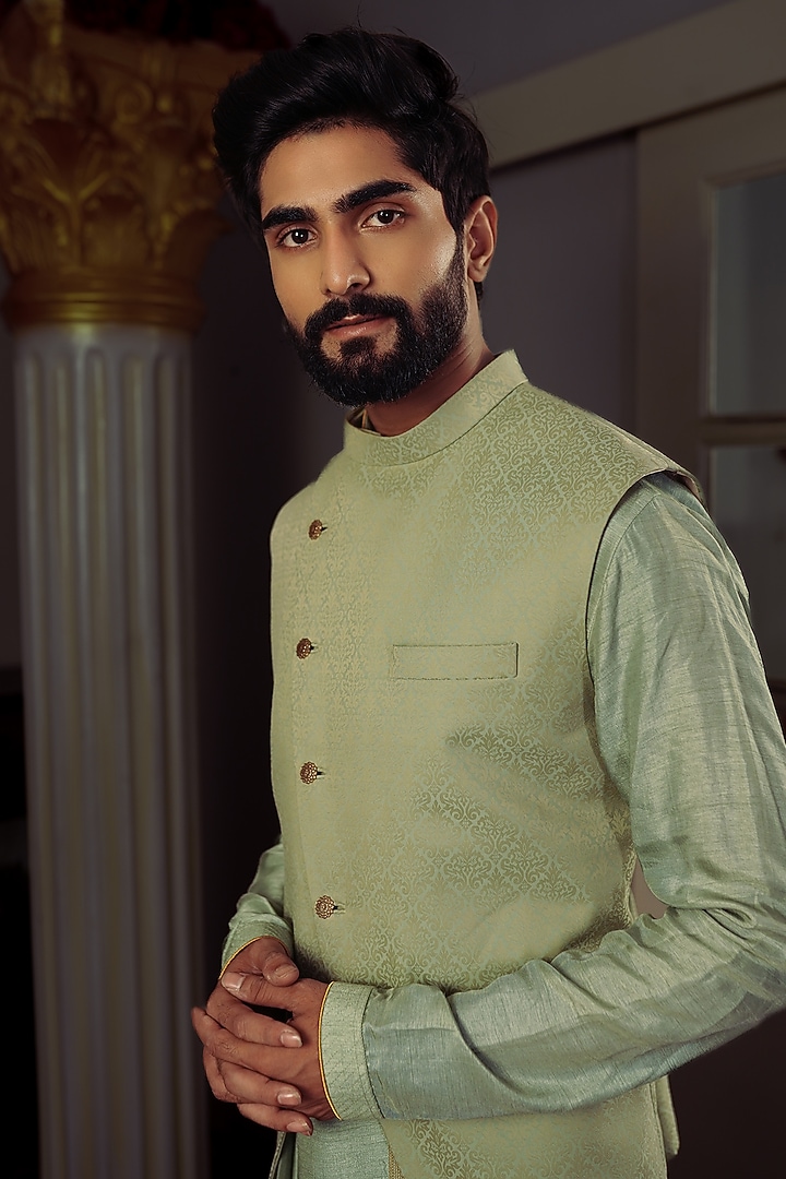 Olive Green Silk Kurta Set With Bundi Jacket by YAJY By Aditya Jain at Pernia's Pop Up Shop