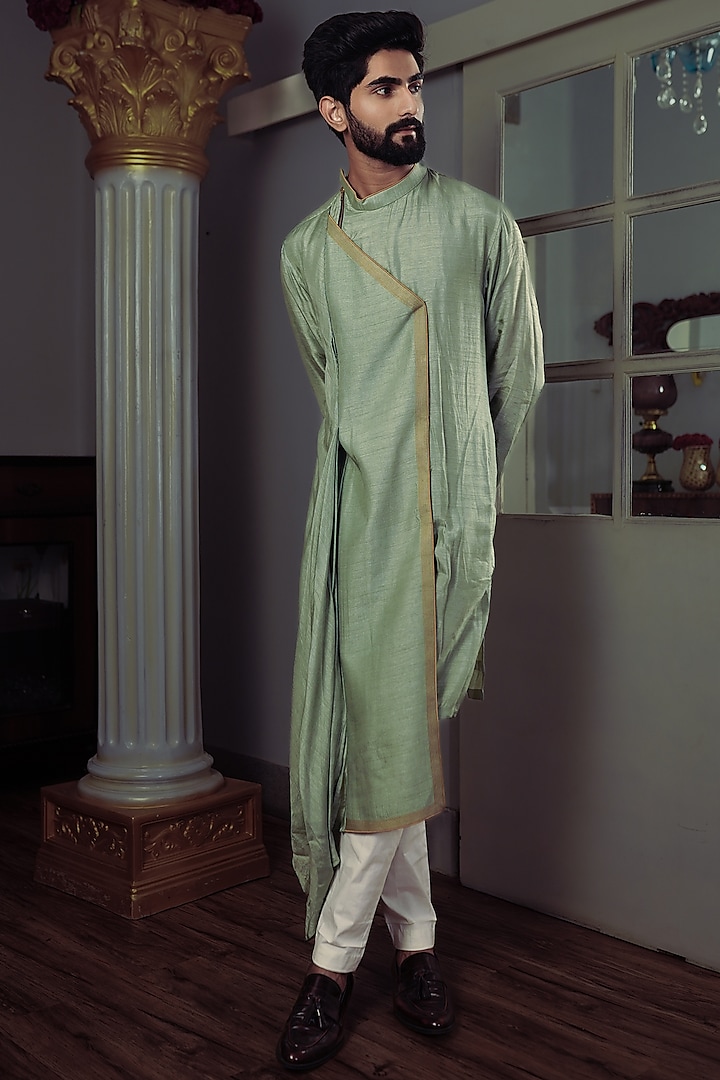 Olive Green Silk Asymmetrical Kurta Set by YAJY By Aditya Jain