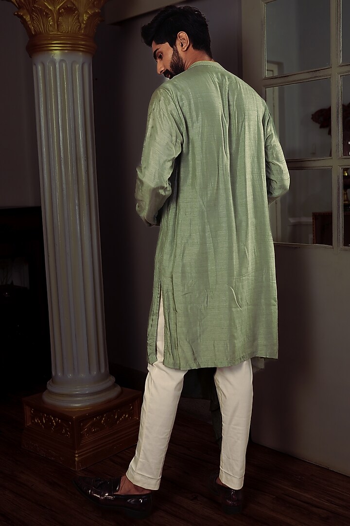 Olive Green Silk Asymmetrical Kurta Set by YAJY By Aditya Jain at Pernia's Pop Up Shop