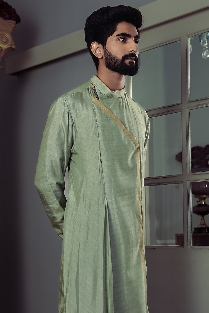 Olive Green Silk Asymmetrical Kurta Set by YAJY By Aditya Jain at Pernia's Pop Up Shop