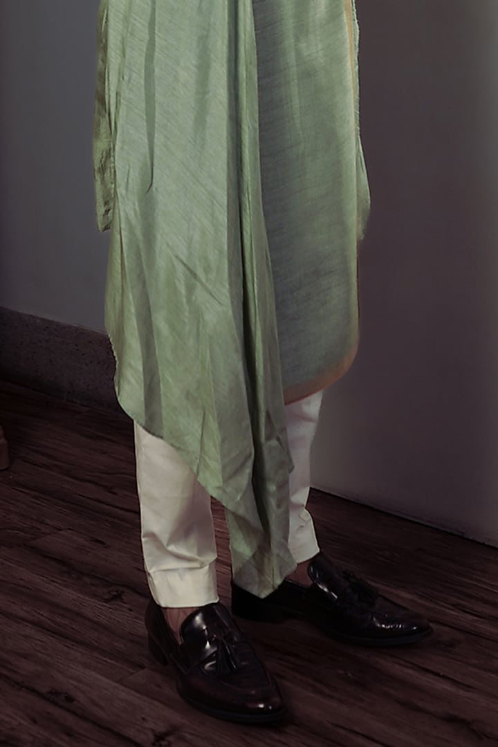 Olive Green Silk Asymmetrical Kurta Set by YAJY By Aditya Jain at Pernia's Pop Up Shop