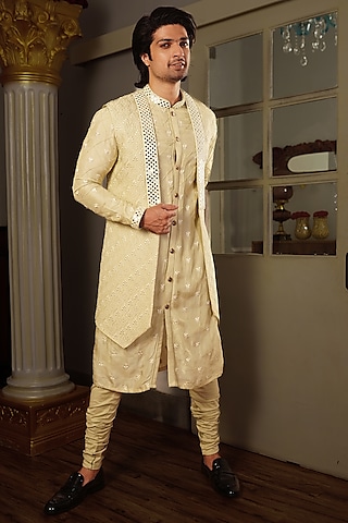 Sage Green Silk Indowestern Jacket With Kurta Set by YAJY By Aditya Jain