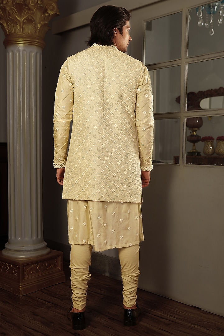 Sage Green Silk Wedding Indowestern Jacket With Kurta Set by YAJY By Aditya Jain at Pernia's Pop Up Shop