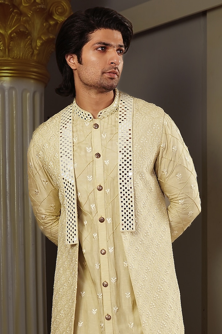Sage Green Silk Wedding Indowestern Jacket With Kurta Set by YAJY By Aditya Jain at Pernia's Pop Up Shop