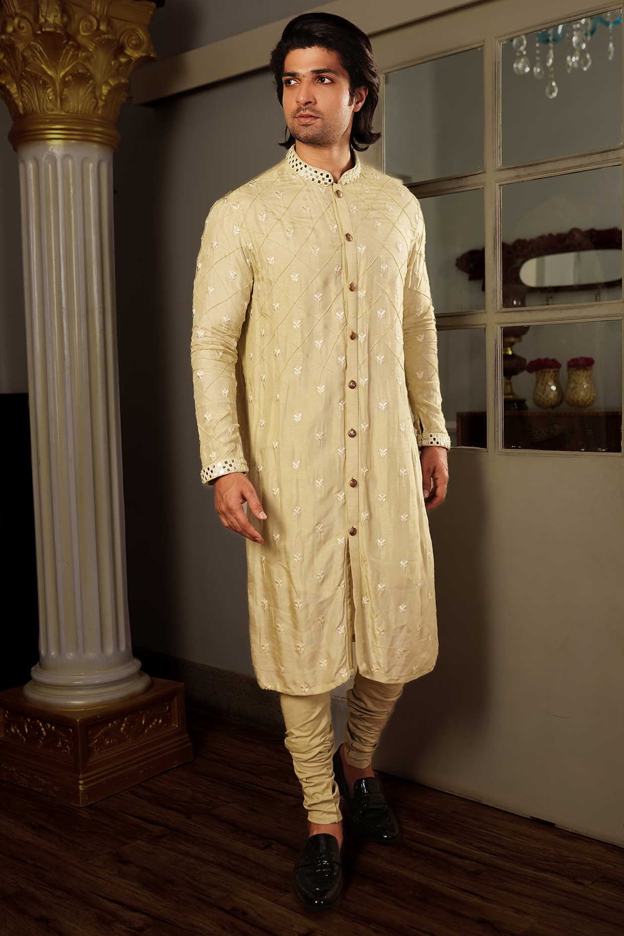 Mint Green Silk Mirror Work Kurta Set by YAJY By Aditya Jain at Pernia's Pop Up Shop