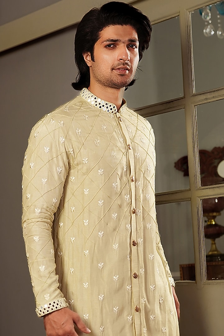 Mint Green Silk Mirror Work Kurta Set by YAJY By Aditya Jain at Pernia's Pop Up Shop