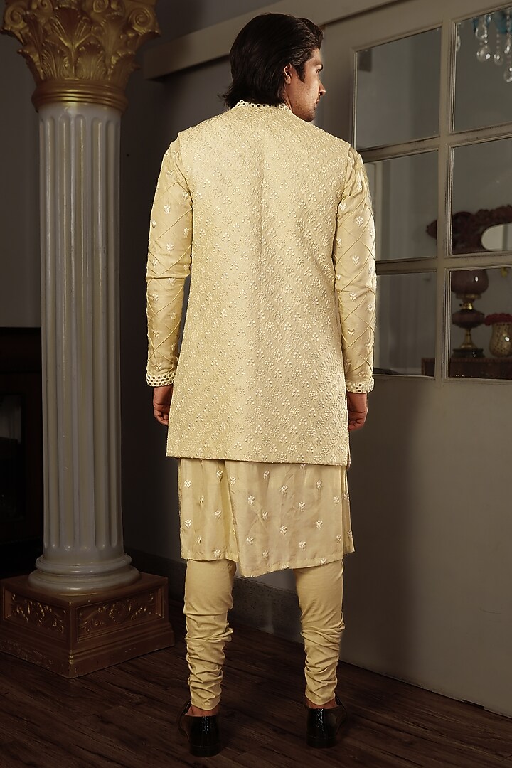 Sage Green Handwoven Silk Mirror Work Bundi Jacket by YAJY By Aditya Jain at Pernia's Pop Up Shop