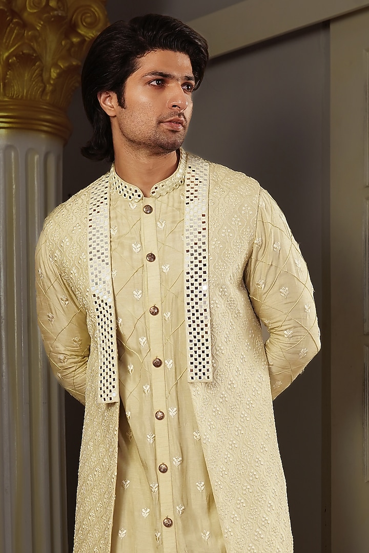 Sage Green Handwoven Silk Mirror Work Bundi Jacket by YAJY By Aditya Jain at Pernia's Pop Up Shop
