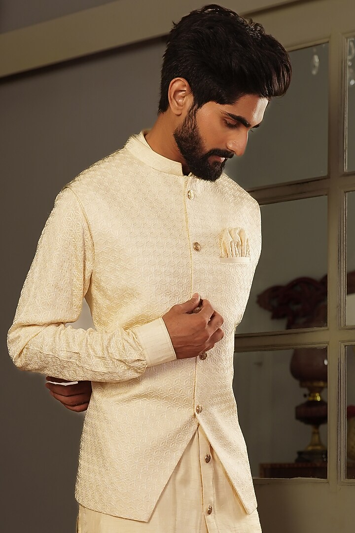Butterscotch Yellow Silk Bundi Jacket by YAJY By Aditya Jain at Pernia's Pop Up Shop
