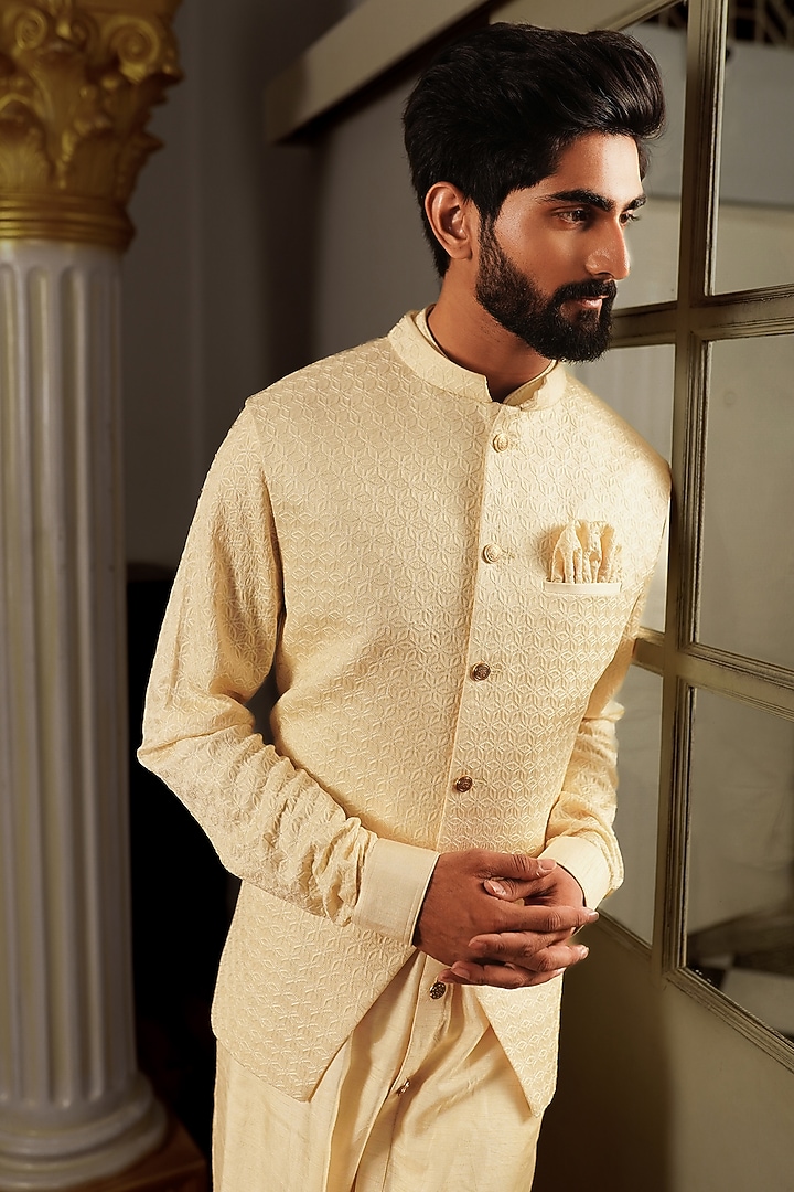 Butterscotch Yellow Silk Bundi Jacket by YAJY By Aditya Jain at Pernia's Pop Up Shop