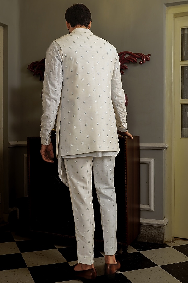 Powder Blue Silk Motifs Bundi Jacket Set by YAJY By Aditya Jain at Pernia's Pop Up Shop