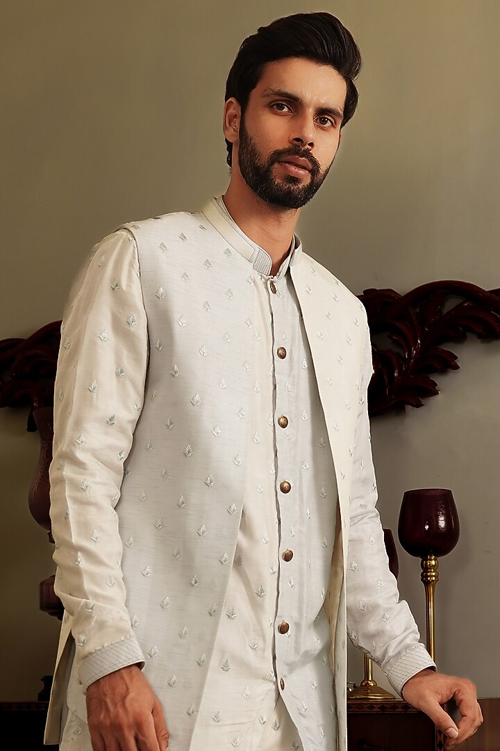 Powder Blue Silk Motifs Bundi Jacket Set by YAJY By Aditya Jain at Pernia's Pop Up Shop