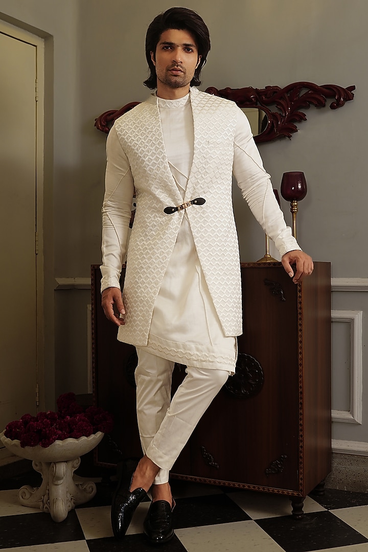 White Silk Kurta Set With Bundi Jacket by YAJY By Aditya Jain