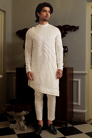 White Silk Kurta Set by YAJY By Aditya Jain