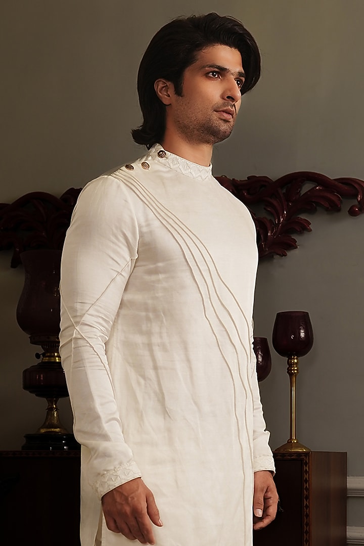 White Silk Kurta Set by YAJY By Aditya Jain at Pernia's Pop Up Shop