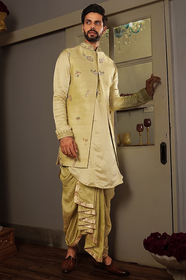 Mint-Green Silk indowestern Jacket Set by YAJY By Aditya Jain