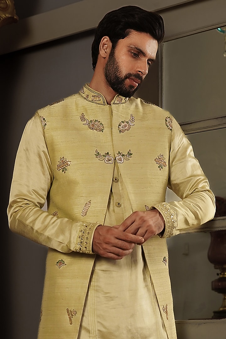 Mint-Green Silk Wedding Indowestern Jacket Set by YAJY By Aditya Jain at Pernia's Pop Up Shop