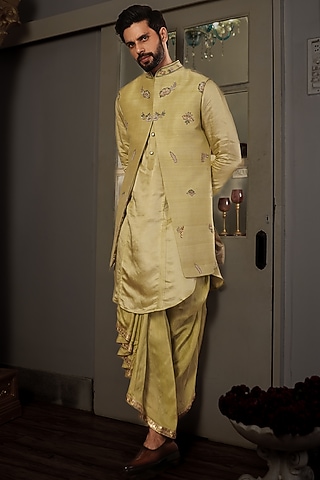 Mint-Green Silk Embroidered indowestern Jacket by YAJY By Aditya Jain