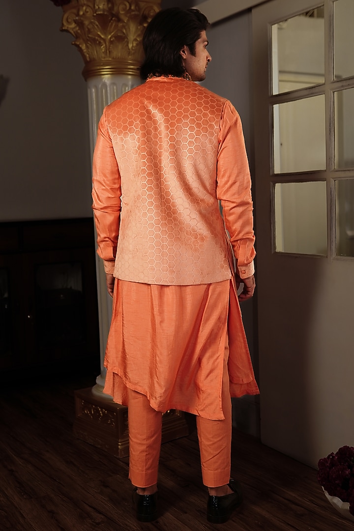 Plum Peach Silk Neon Printed Bundi Jacket Set by YAJY By Aditya Jain at Pernia's Pop Up Shop