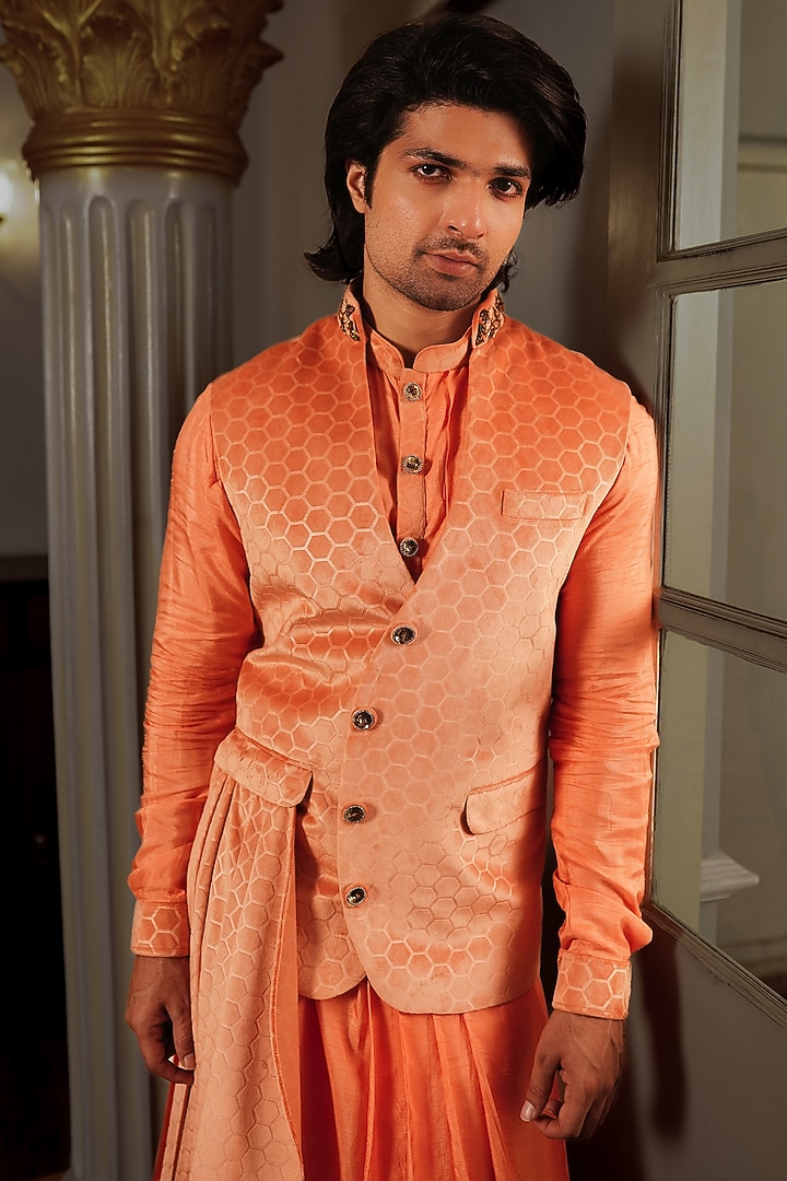 Plum Peach Silk Neon Printed Bundi Jacket Set by YAJY By Aditya Jain at Pernia's Pop Up Shop