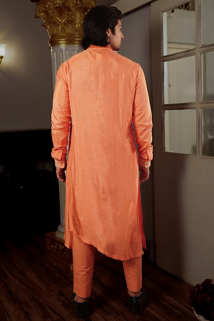Orange Silk Neo Printed Pleated Kurta Set by YAJY By Aditya Jain at Pernia's Pop Up Shop