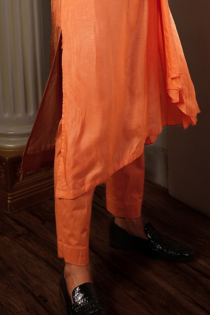Orange Silk Neo Printed Pleated Kurta Set by YAJY By Aditya Jain at Pernia's Pop Up Shop