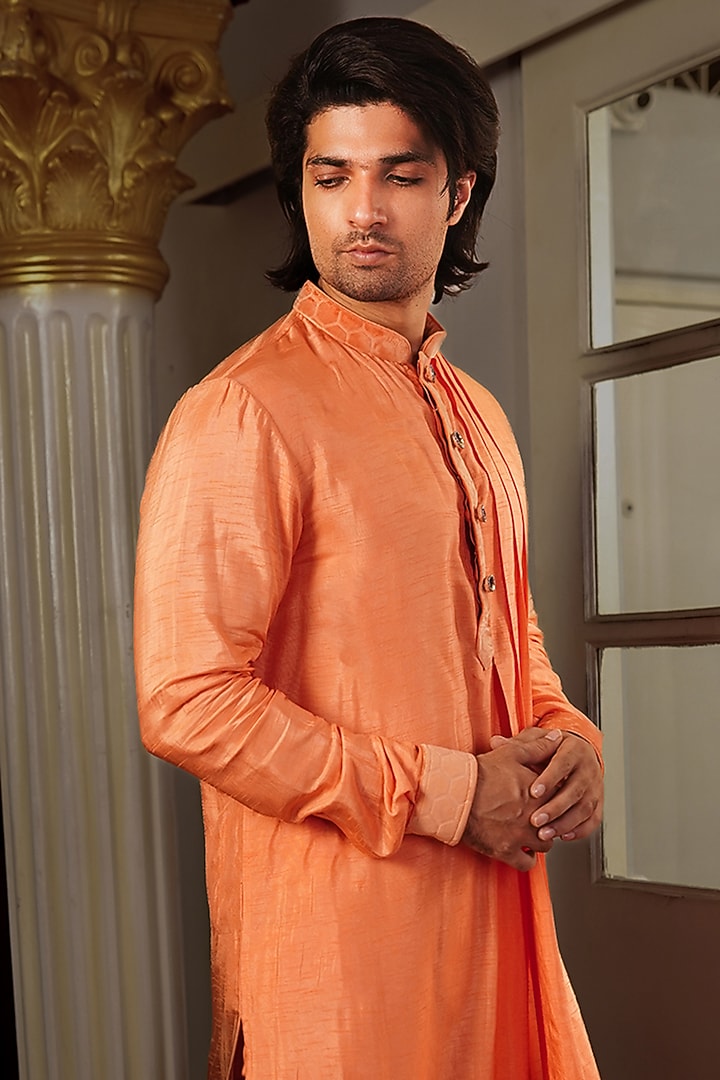 Orange Silk Neo Printed Pleated Kurta Set by YAJY By Aditya Jain at Pernia's Pop Up Shop