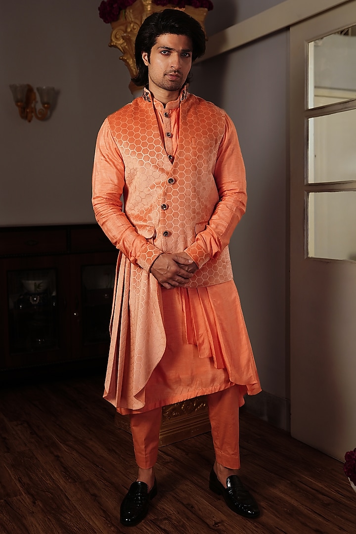 Orange Printed Bundi Jacket by YAJY By Aditya Jain