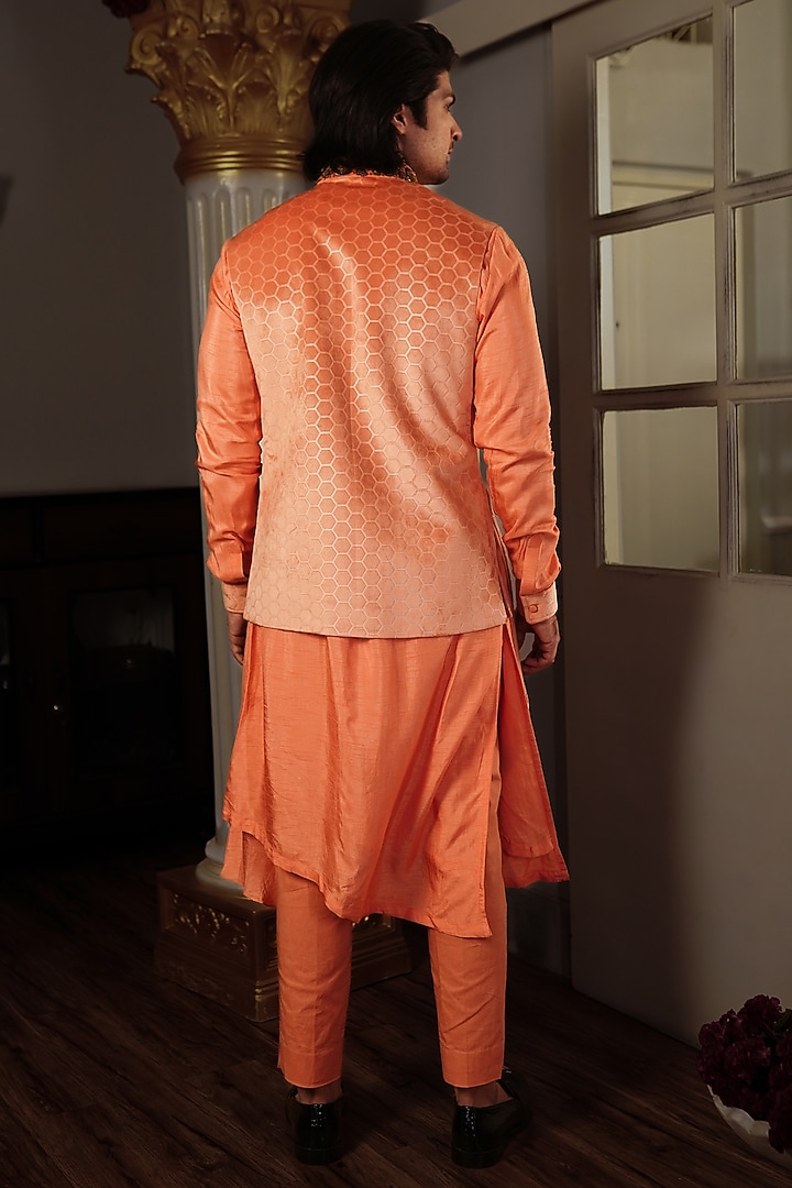 Orange Silk Neo Printed & Embroidered Pleated Bundi Jacket by YAJY By Aditya Jain at Pernia's Pop Up Shop