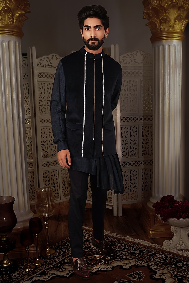 Midnight Blue Sil Foil Printed Bundi Jacket Set by YAJY By Aditya Jain at Pernia's Pop Up Shop