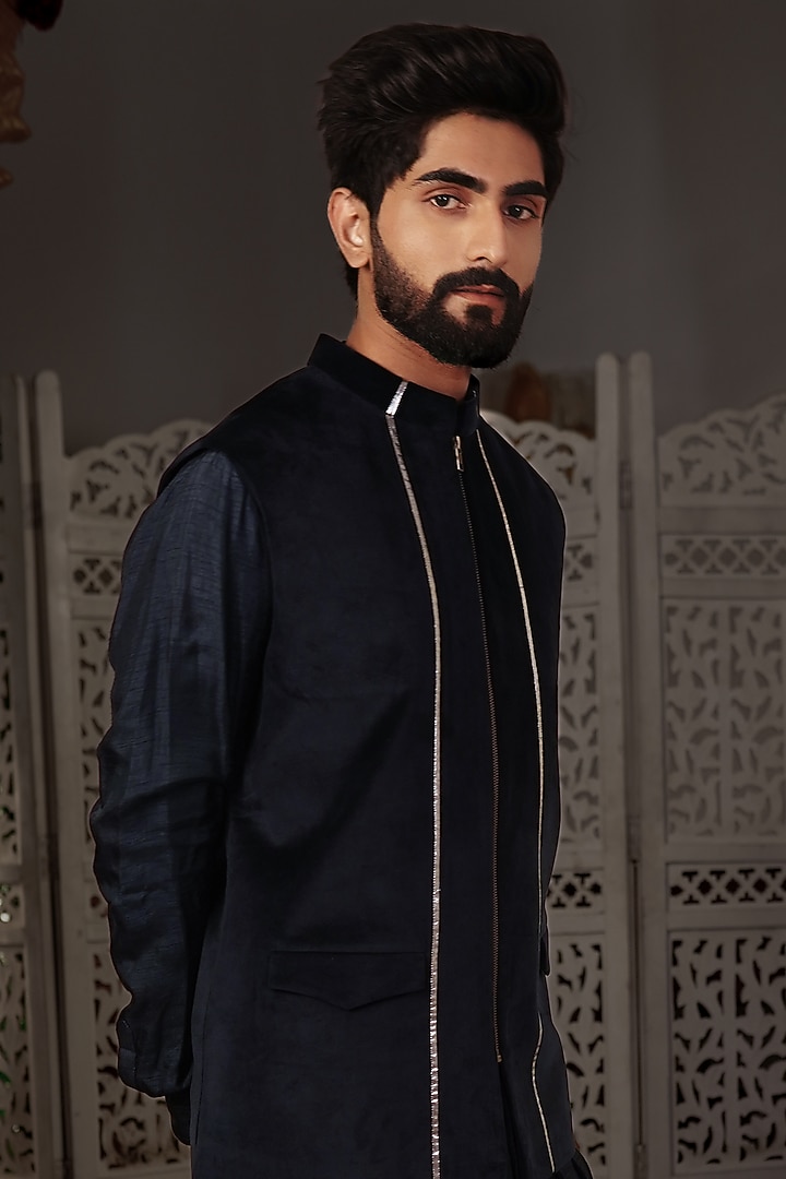 Midnight Blue Sil Foil Printed Bundi Jacket Set by YAJY By Aditya Jain at Pernia's Pop Up Shop