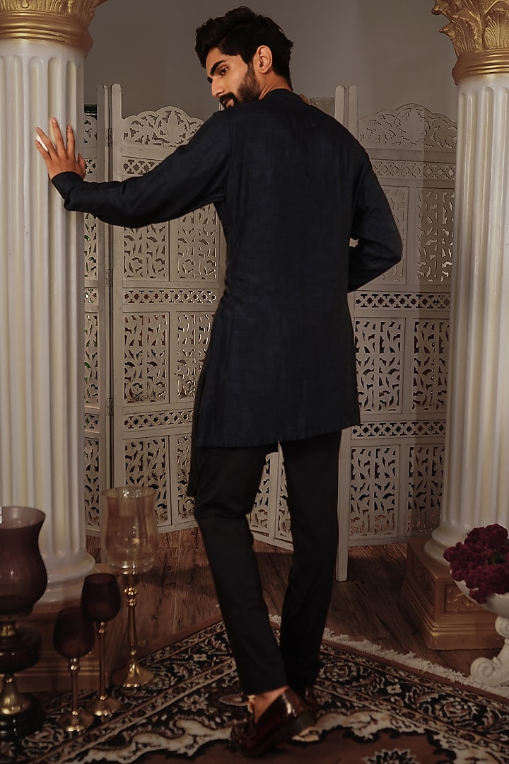 Midnight Blue Silk Kurta Set by YAJY By Aditya Jain at Pernia's Pop Up Shop