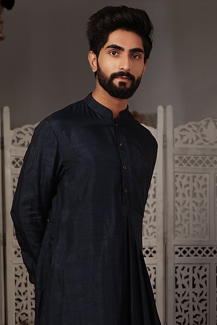 Midnight Blue Silk Kurta Set by YAJY By Aditya Jain at Pernia's Pop Up Shop