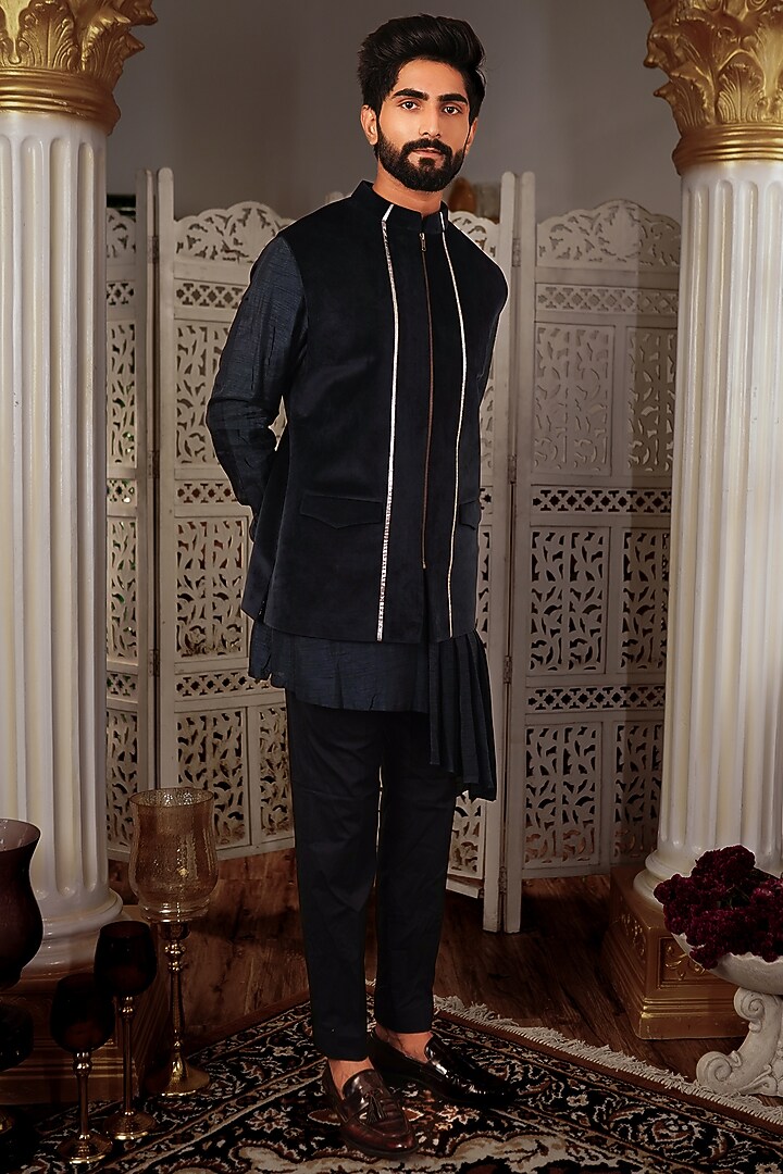Midnight Blue Silk Bundi Jacket by YAJY By Aditya Jain at Pernia's Pop Up Shop