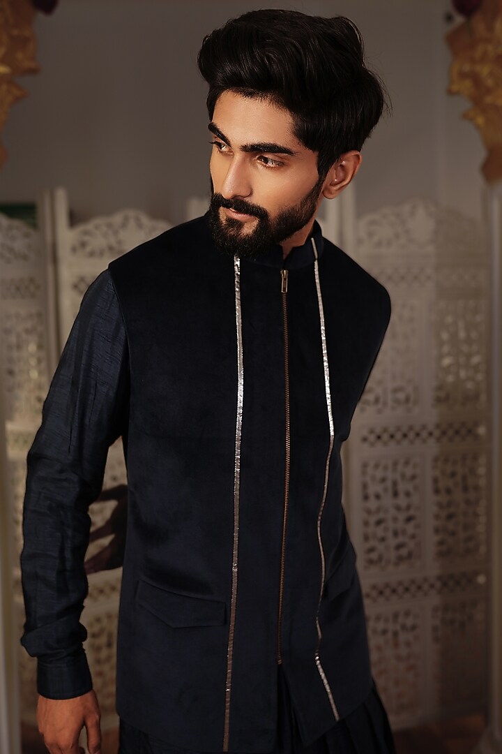 Midnight Blue Silk Bundi Jacket by YAJY By Aditya Jain at Pernia's Pop Up Shop