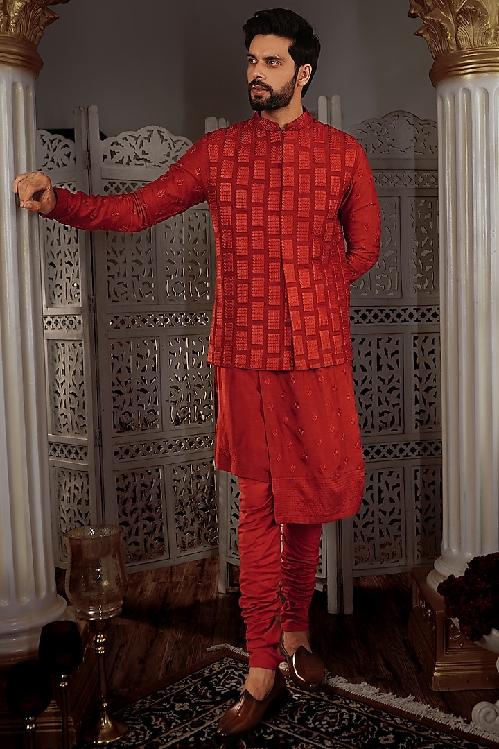 Rust Silk Bundi Jacket With Kurta Set by YAJY By Aditya Jain