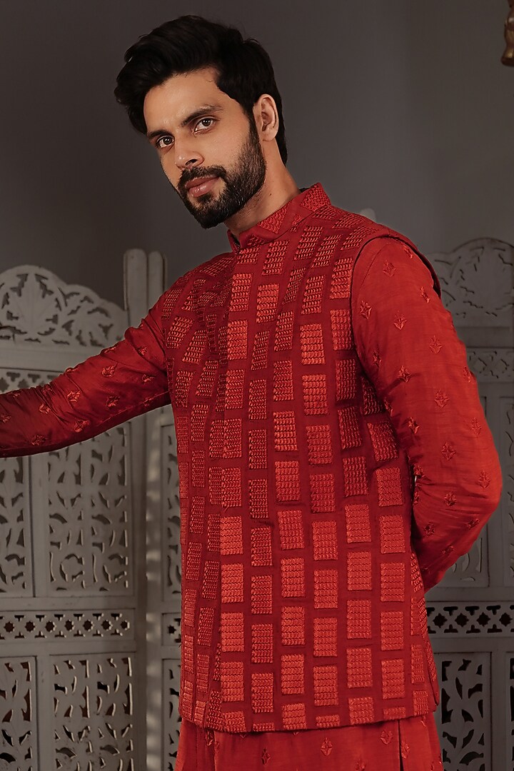 Rust Silk Kurta Set by YAJY By Aditya Jain at Pernia's Pop Up Shop
