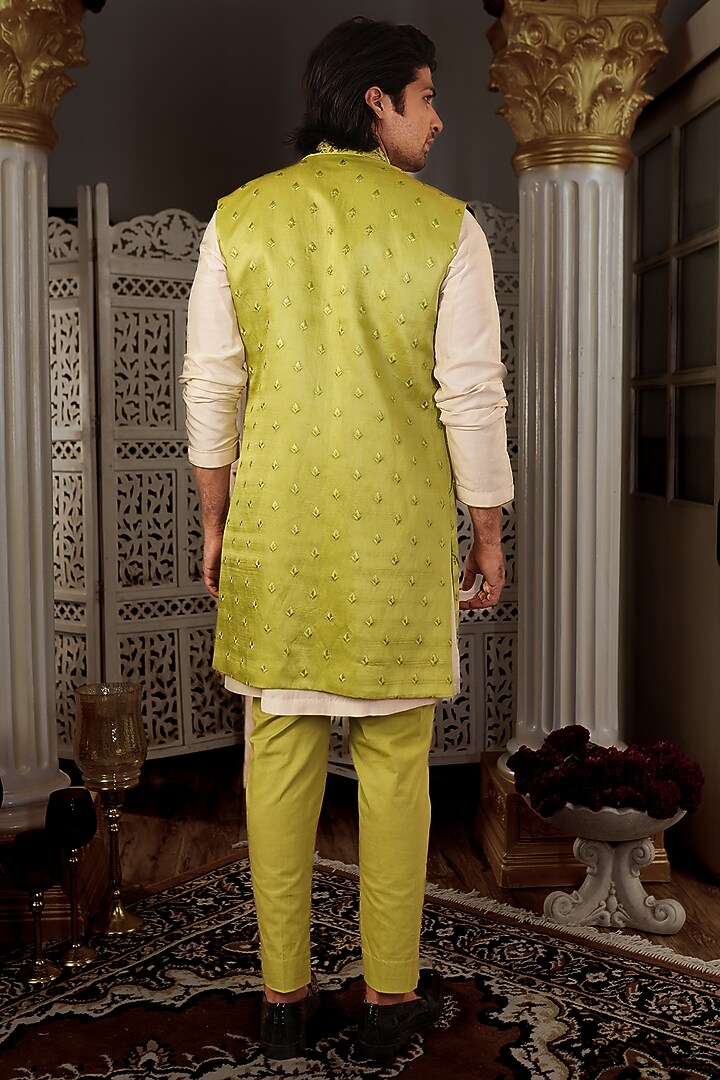 Pista Green Silk Motif Hand Embroidered Bundi Jacket by YAJY By Aditya Jain at Pernia's Pop Up Shop