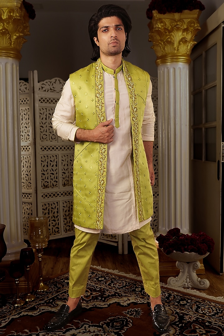 Pista Green Silk Motif Hand Embroidered Bundi Jacket by YAJY By Aditya Jain at Pernia's Pop Up Shop