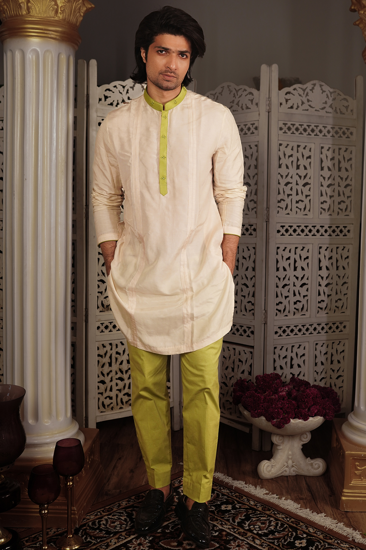 Beige Silk Kurta Set by YAJY By Aditya Jain